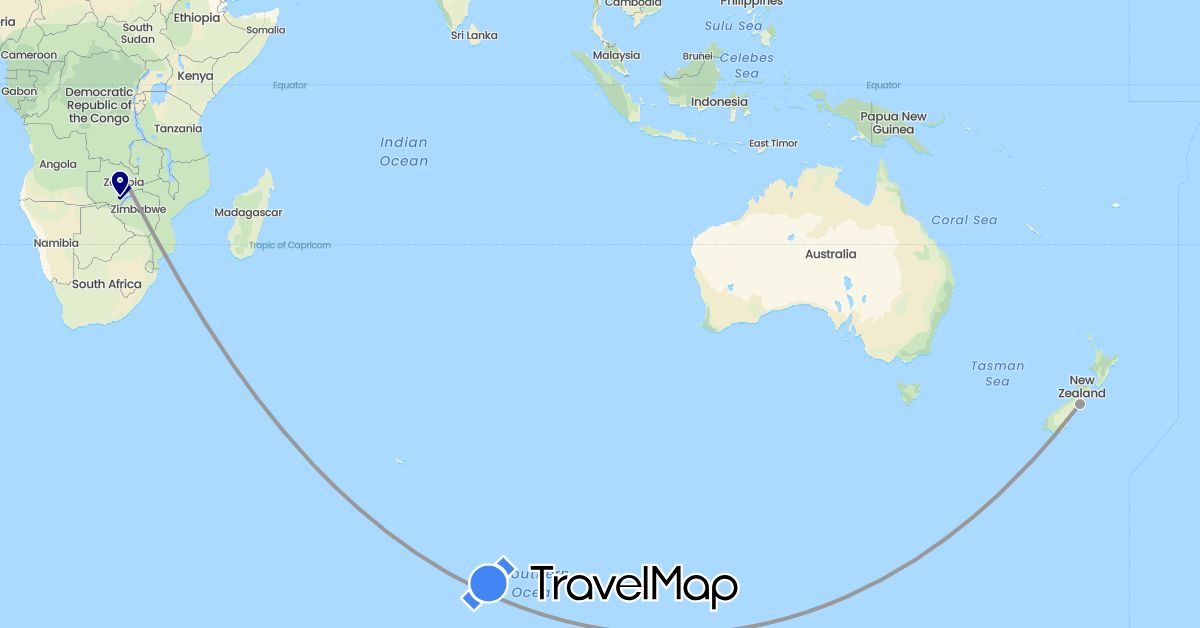 TravelMap itinerary: driving, plane in New Zealand, Zambia (Africa, Oceania)